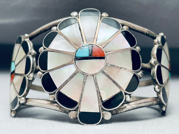 Huge Quality Vintage Native American Zuni Turquoise Inlay Sterling Silver Bracelet-Nativo Arts