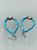 Native American Beautiful Santo Domingo Turquoise Coral Sterling Silver Earrings-Nativo Arts