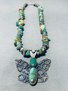 Signed Native American Navajo Royston Turquoise Sterling Silver Butterfly Necklace-Nativo Arts