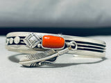 Signed Native American Navajo Coral Sterling Silver Bracelet-Nativo Arts