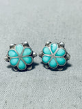 Cute Vintage Native American Zuni Blue Gem Turquoise Sterling Silver Flower Earrings-Nativo Arts