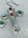 Glorious Vintage Native American Navajo Mexican Multi Stone Sterling Silver Cross Earrings-Nativo Arts