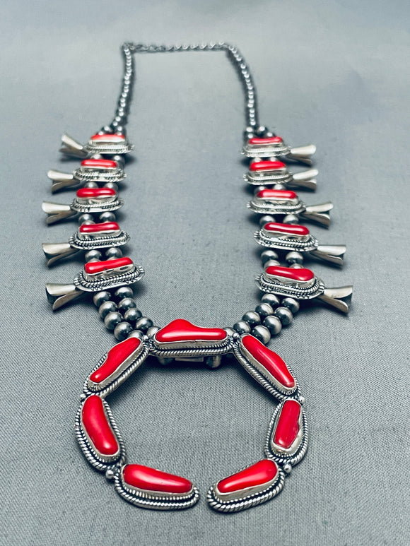 Native American Huge Chunks Of Corals Vintage Navajo Sterling Silver Squash Blossom Necklace-Nativo Arts