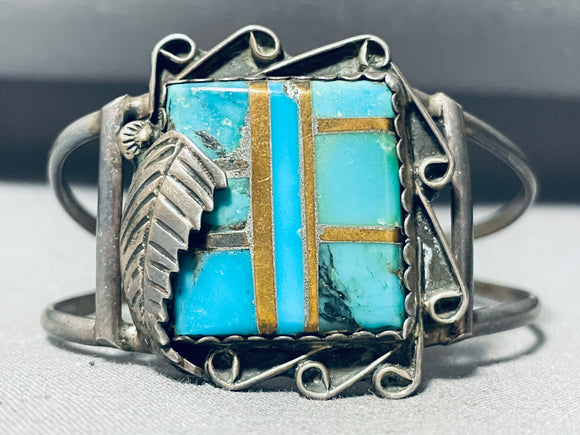One Of The Most Unique Vintage Native American Navajo Turquoise Inlay Sterling Silver Bracelet-Nativo Arts
