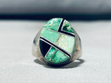 Dynamic Vintage Native American Zuni Damale Turquoise Jet Sterling Silver Ring-Nativo Arts