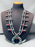 Gasp! Green Turquoise Vintage Native American Navajo Sterling Silver Squash Blossom Necklace-Nativo Arts