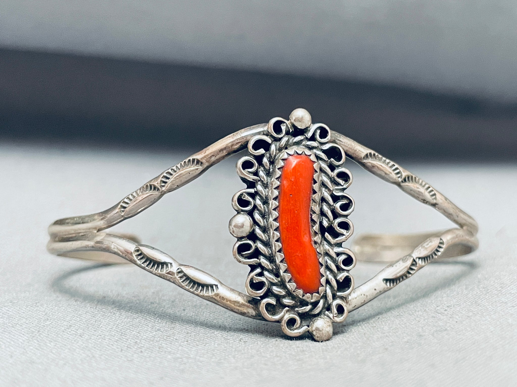 Sparkling Vintage Native American Navajo Coral Sterling Silver Bracele ...