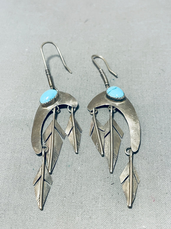 Amazing Vintage Native American Navajo Blue Diamond Turquoise Sterling Silver Arrows Earrings-Nativo Arts