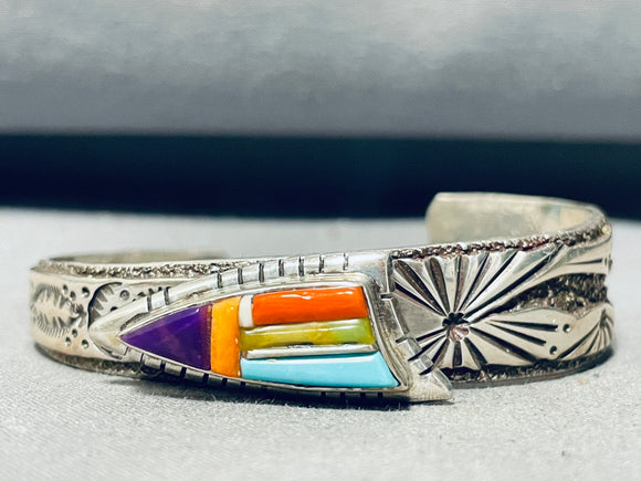 Jaws To Floor!! Vintage Native American Navajo Turquoise Inlay Sterling Silver Bracelet-Nativo Arts