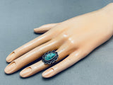 Important Vintage Native American Navajo Pilot Mountain Turquoise Sterling Silver Flower Ring-Nativo Arts