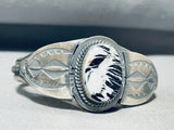 Bold Vintage Signed Native American Navajo White Buffalo Sterling Silver Bracelet-Nativo Arts