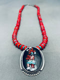 Coral Mudhead Dancer Native American Zuni Turquoise Inlay Sterling Silver Necklace-Nativo Arts