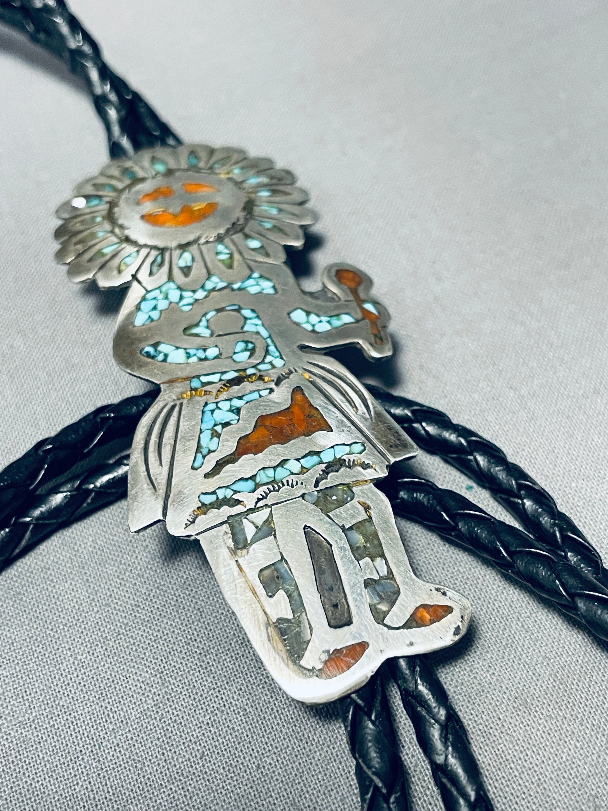 Popular Native American Profile bolo Tie Turquoise / Coral Chip Inlaid Headdress Cowboy