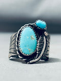 Heavy Thick Vintage Native American Navajo Easter Blue Turquoise Sterling Silver Leaf Ring