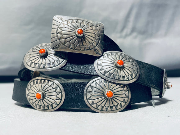 Concho Belt For Jeans!! Vintage Native American Navajo Coral Sterling Silver Concho Belt-Nativo Arts