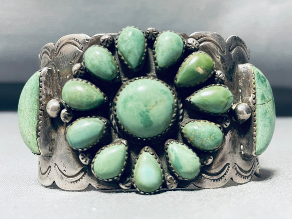 Half Moon And Flower Green Turquoise Vintage Native American Navajo Sterling Silver Bracelet-Nativo Arts