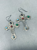 Glorious Vintage Native American Navajo Mexican Multi Stone Sterling Silver Cross Earrings-Nativo Arts
