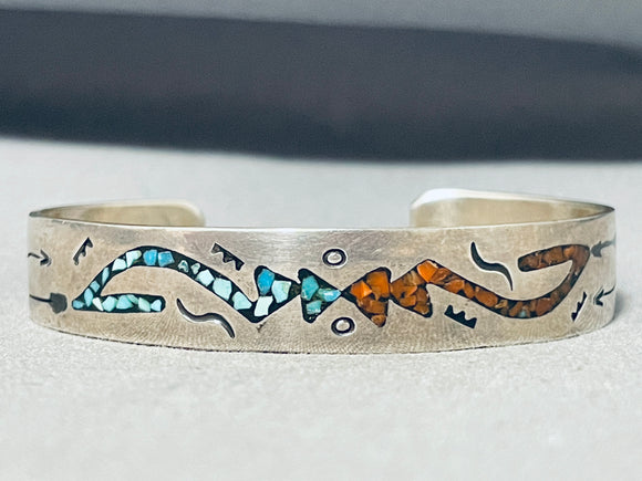 Hypnotic Vintage Native American Navajo Turquoise Coral Chip Inlay Snakes Silver Bracelet-Nativo Arts