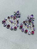 Glamorous Vintage Native American Navajo Amethyst Garnet Sterling Silver Earrings-Nativo Arts