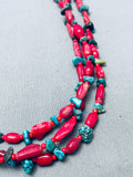 Stunning Native American Navajo Torpedo Coral Turquoise Sterling Silver Necklace-Nativo Arts