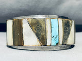 7.5 Inch Wrist Vintage Native American Navajo Turquoise Inlay Sterling Silver Bracelet Cuff-Nativo Arts