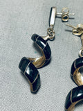 Fabulous Vintage Native American Navajo Jet Sterling Silver Twirl Dangle Earrings-Nativo Arts