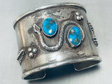 Heavy Snake And Eagle Vintage Native American Navajo Morenci Turquoise Sterling Silver Bracelet-Nativo Arts