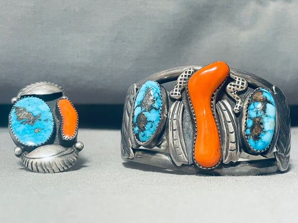 The Best Vintage Native American Navajo Bisbee Turquoise Coral Sterling Silver Bracelet-Nativo Arts