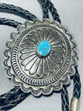 Native American Mesmerizing Yaqui Signed Spiderweb Turquoise Sterling Silver Bolo-Nativo Arts