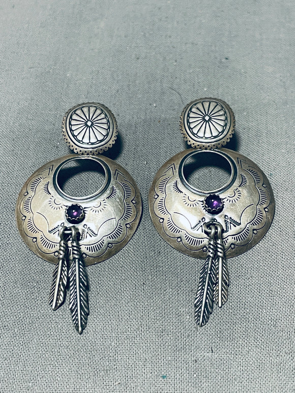 Fabulous Vintage Native American Navajo Amethyst Sterling Silver Dangle Earrings-Nativo Arts