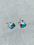 Authentic Native American Zuni Blue Gem Turquoise Coral Sterling Silver Sunface Earrings-Nativo Arts