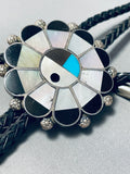 Tom Henry Vintage Native American Navajo Turquoise Pearl Inlay Sterling Silver Bolo Tie