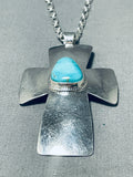 Impressive Native American Navajo Blue Gem Turquoise Sterling Silver Signed Cross Necklace-Nativo Arts