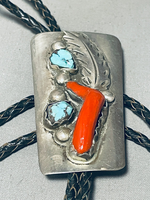 Chunk Of Coral Awesome Vintage Native American Navajo Turquoise Sterling Silver Bolo Tie-Nativo Arts