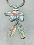 The Best Vintage Native American Navajo Turquoise Inlay Bear Sterling Silver Feather Necklace-Nativo Arts