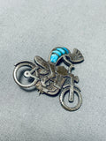 Rare Native American Hopi Turquoise Sterling Silver Kokopelli Motorcycle Pin-Nativo Arts