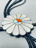 Noteworthy Vintage Native American Zuni Turquoise Coral Inlay Sterling Silver Sunface Bolo-Nativo Arts