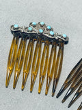 Enchanting Vintage Native American Zuni Blue Gem Turquoise Sterling Silver Hair Combs-Nativo Arts