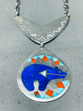 Bear Of Lapis Vintage Native American Zuni Turquoise Inlay Sterling Silver Necklace-Nativo Arts