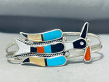 Inpressive Native American Zuni Signed Inlay Turquoise Coral Jet Bird Sterling Silver Bracelet-Nativo Arts