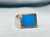 Brilliant Vintage Native American Navajo Inlay Kingman Turquoise Sterling Silver Ring-Nativo Arts