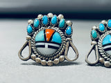 One Of Best Native American Navajo Blue Gem Turquoise Coral Inlay Silver Cuff Links-Nativo Arts