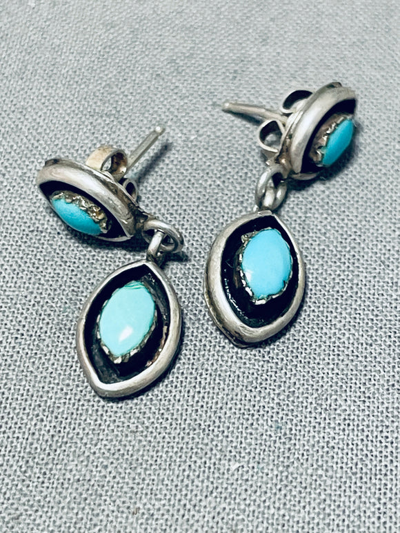 Exceptional Vintage Native American Zuni Blue Gem Turquoise Sterling Silver Dangle Earrings-Nativo Arts