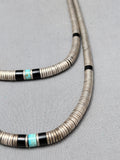 Heavy 161 Grams Vintage Native American Navajo Sterling Silver Turquoise Heishi Necklace-Nativo Arts