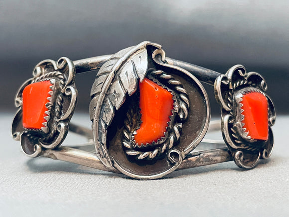 Superior 1970s Vintage Native American Navajo Chunk Coral Sterling Silver Bracelet Old-Nativo Arts