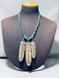 One Of The Biggest Dangling Feather Vintage Native American Navajo Sterling Silver Necklace-Nativo Arts