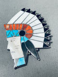 One Of Most Detailed Vintage Navajo Turquoise Inlay Sterling Silver Chief Pin