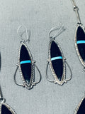 Inlaid Jet Turquoise Vintage Native American Navajo Sterling Silver Pendant Necklace Set