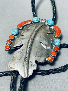 Largest Leaf Vintage Native American Navajo Turquoise Sterling Silver Bolo Tie Old-Nativo Arts