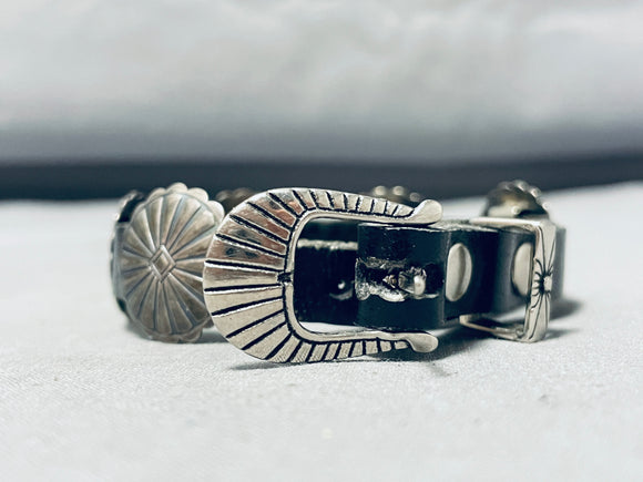Whimsical Vintage Native American Navajo Sterling Silver Concho Style Leather Bracelet-Nativo Arts